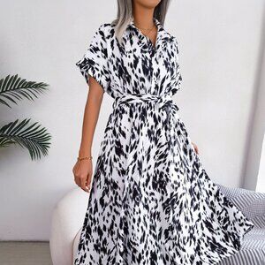 Printed Collared Neck Short Sleeve Tie Waist Dress